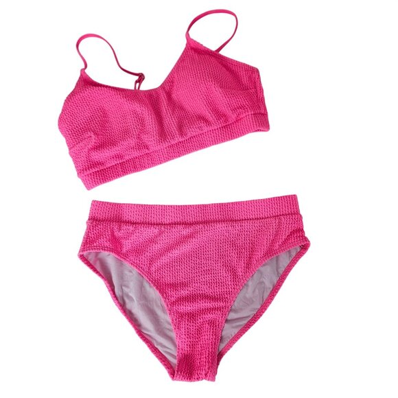 Womens Large Pink Ribbed High Waisted Bikini Set With Adjustable Straps - Picture 1 of 6